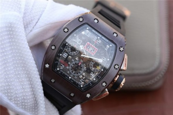Replica Richard Mille RM011 Brown Ceramic RG Chrono Skeleton Dial Black Rubber Strap A7750