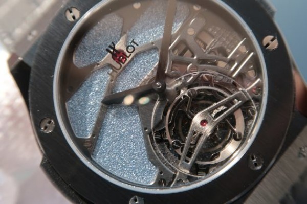 Replica Hublot Classic Fusion Tourbillon 45mm TF PVD Purple Skeleton Dial Black Gummy Strap A23J