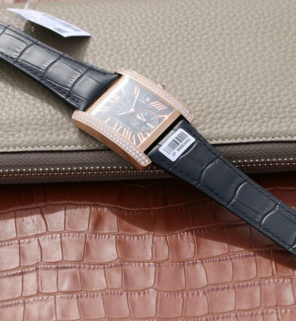 Replica Cartier Tank MC RG Gray Textured Dial Diamonds Bezel Leather Strap