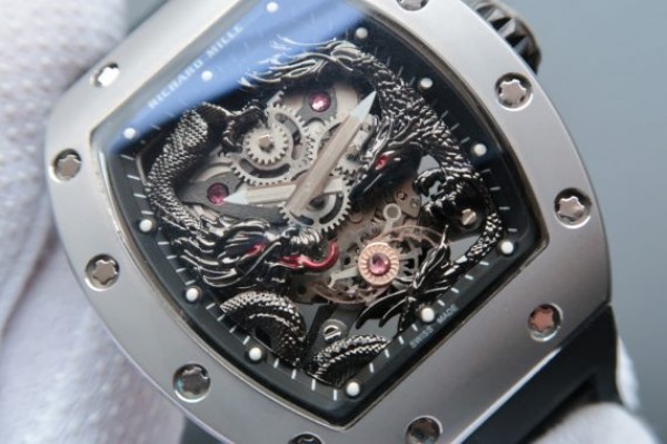 Replica Richard Mille RM057 Dragon Phoenix SS Case Black Dragon Dial Black Rubber Strap