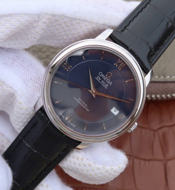 Replica Omega MKF De Ville 37mm SS Blue Dial Black Leather Strap A2829