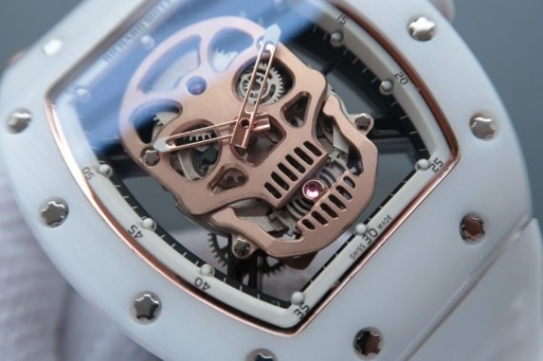 Replica Richard Mille RM052 White Ceramic RG Diamonds Skull Dial White Rubber Strap MIYOTA8215