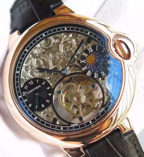 Replica Cartier Ballon Bleu Skeleton Tourbillon RG Black Dial