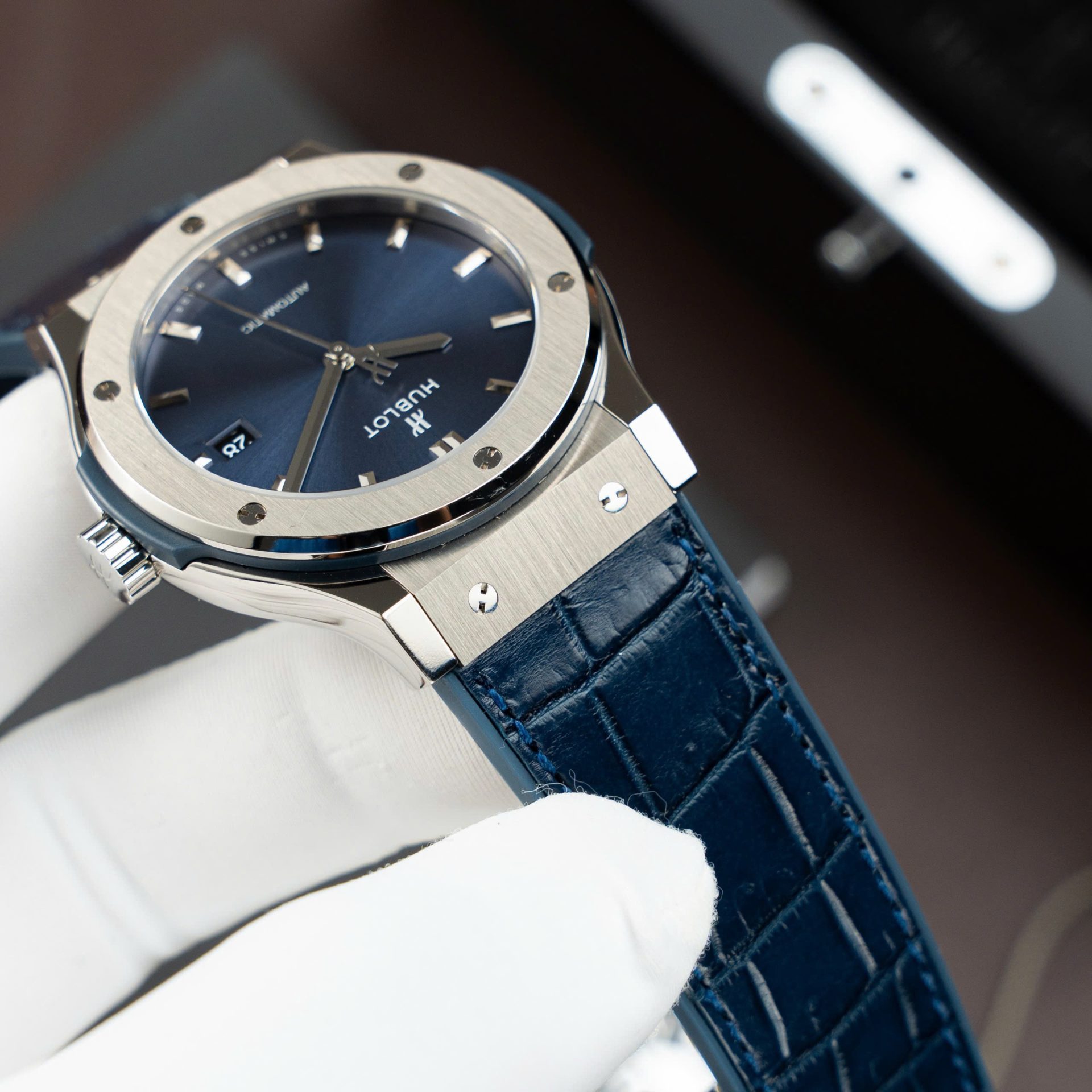 Hublot Classic Fusion Titanium Blue Replica Watches Movement SW300 Crocodile Leather Strap 42mm