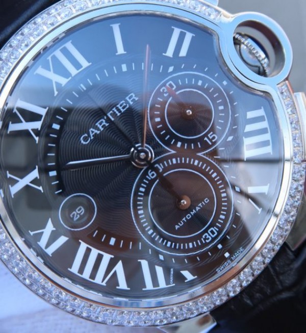 Replica Cartier Ballon Bleu De Cartier Chrono SS Black Dial Diamonds Bezel A8101