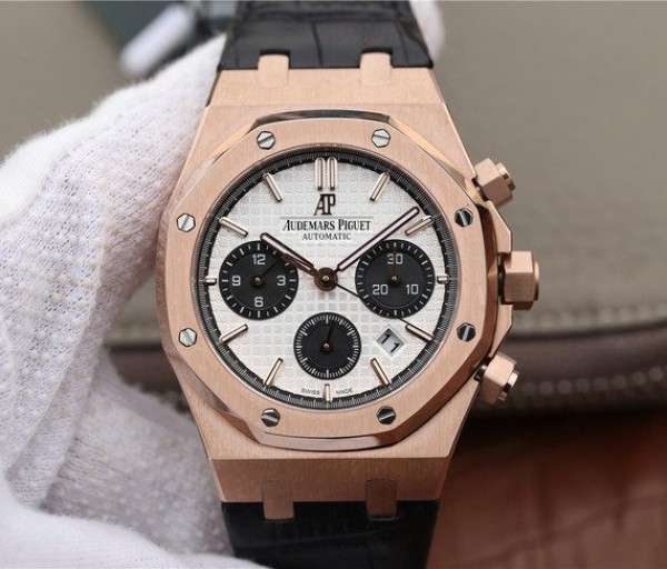 Replica Audemars Piguet Royal Oak Chronograph 26331 RG White Dial Leather Strap A7750