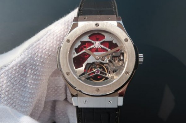 Replica Hublot Classic Fusion Tourbillon 45mm TF Red Skeleton Dial Black Gummy Strap A23J
