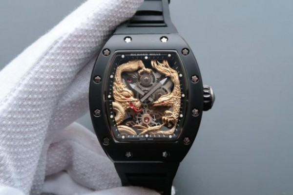 Replica Richard Mille RM057 Dragon Phoenix PVD SS Case YG Dragon Dial Black Rubber Strap