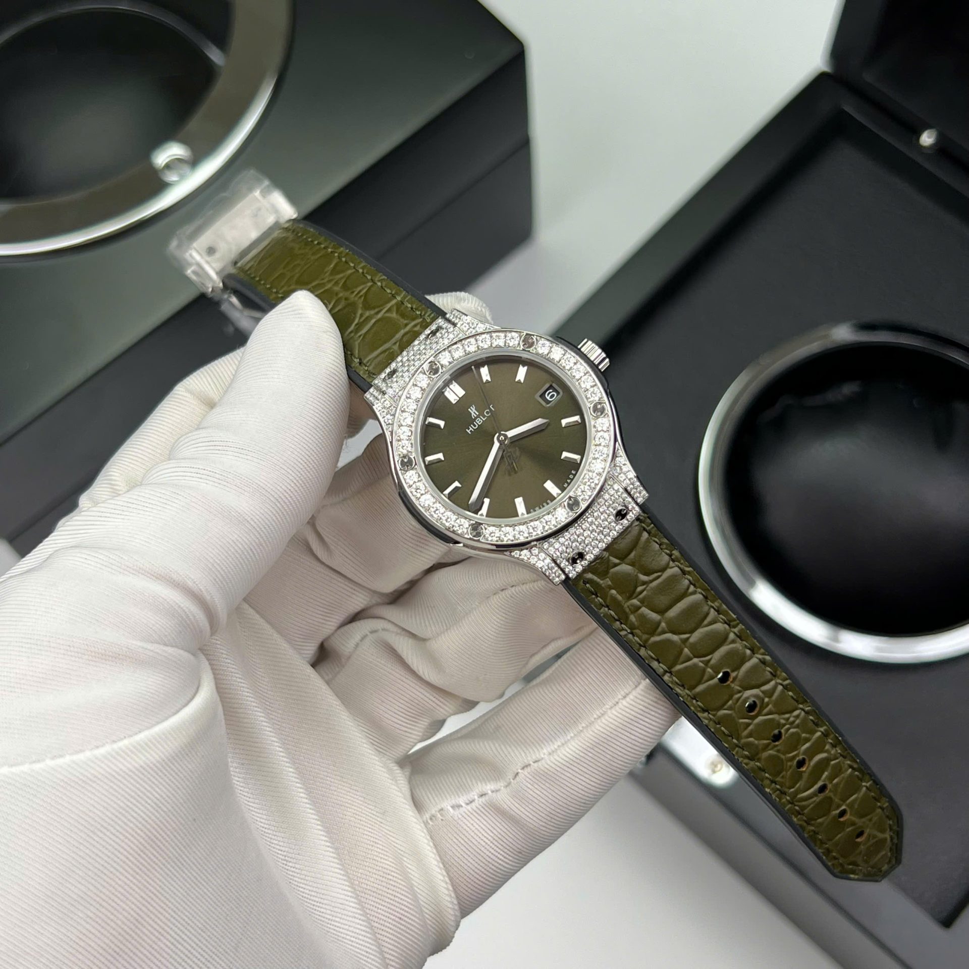 Hublot Classic Fusion Titanium Green Replica Watch Custom Moissanite Diamonds 33mm