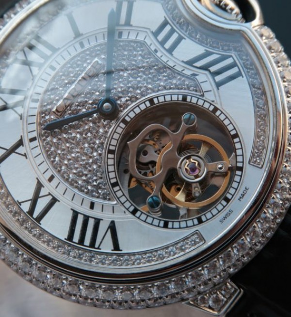 Replica Cartier Ballon Bleu de Cartier Tourbillon SS Paved Diamonds Black Leather Strap