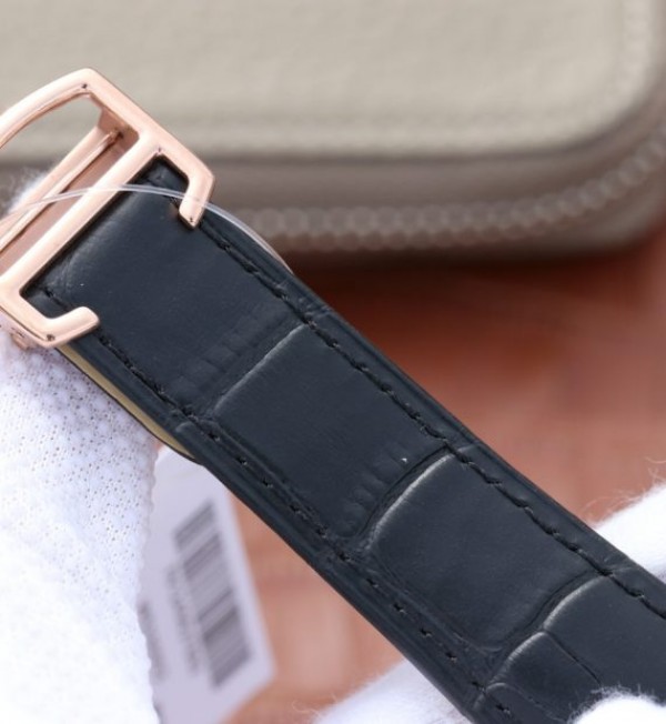 Replica Cartier Tank MC RG Black Textured Dial Diamonds Bezel Leather Strap