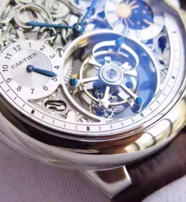 Replica Cartier Ballon Bleu Skeleton Tourbillon White Dial Brown Leather Strap