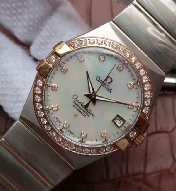 Replica Omega V6 Constellation 35mm White MOP Dial Diamonds Bezel SS Bracelet A2500