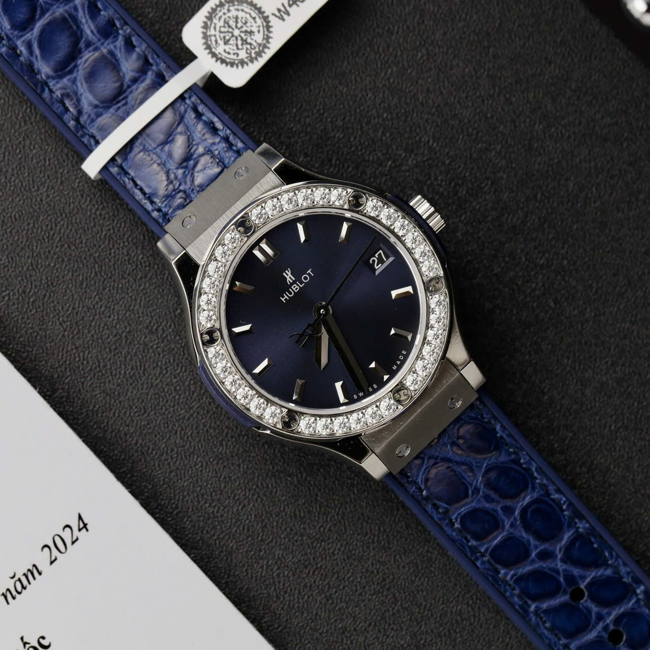 Hublot Classic Fusion Titanium Dial Blue Replica Watch Custom Moissanite Diamonds 33mm