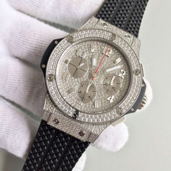 Replica Hublot Big Bang Full Pave Chrono Diamonds Dial Black Rubber Strap A7750