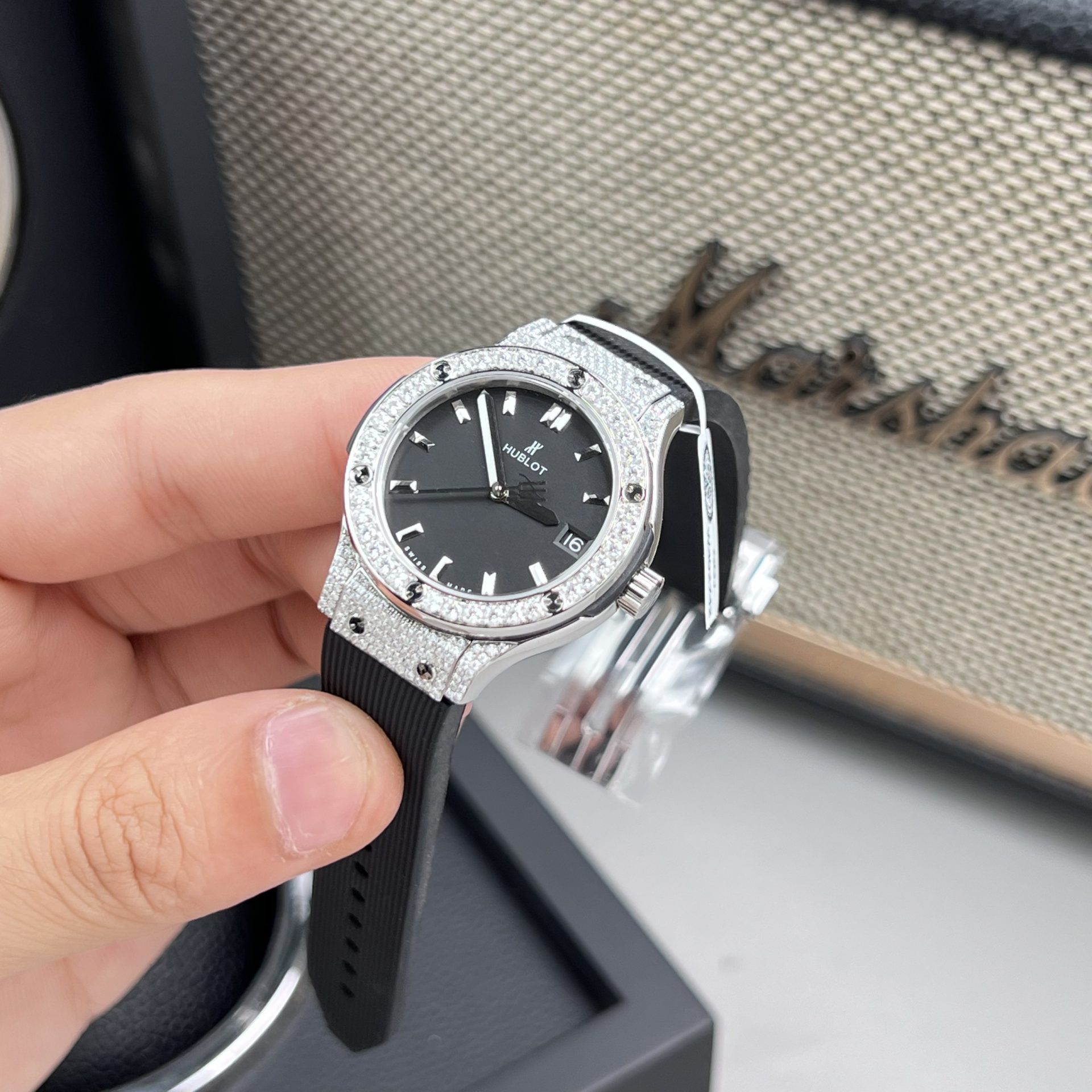 Hublot Classic Fusion Replica Watch Black Dial Custom Moissanite Diamonds 33mm