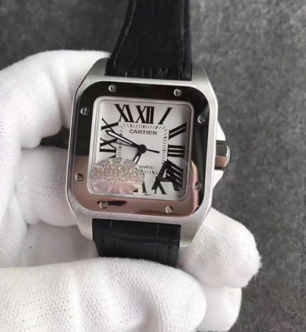Replica Cartier Santos 100 33mm SS White Dial Black Leather Strap SEIKO NH05A