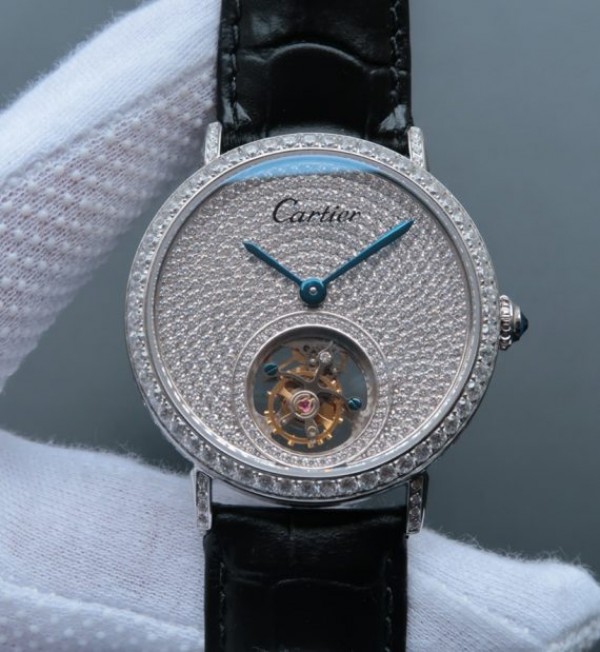 Replica Cartier Tourbillon SS Diamonds Dial Bezel Leather Strap