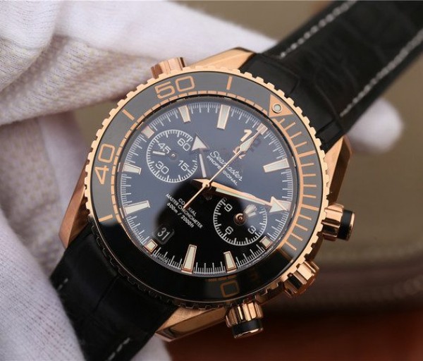Replica Omega OMF Planet Ocean Master Chronometer RG Black Polished Bezel Black Dial Leather A9901