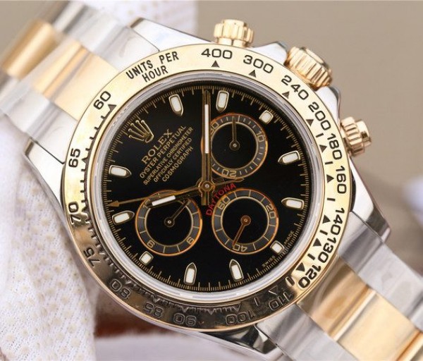 Replica Rolex Daytona 116523 Thick YG Wrapped Black Dial Sticks Markers SS/YG Bracelet A7750