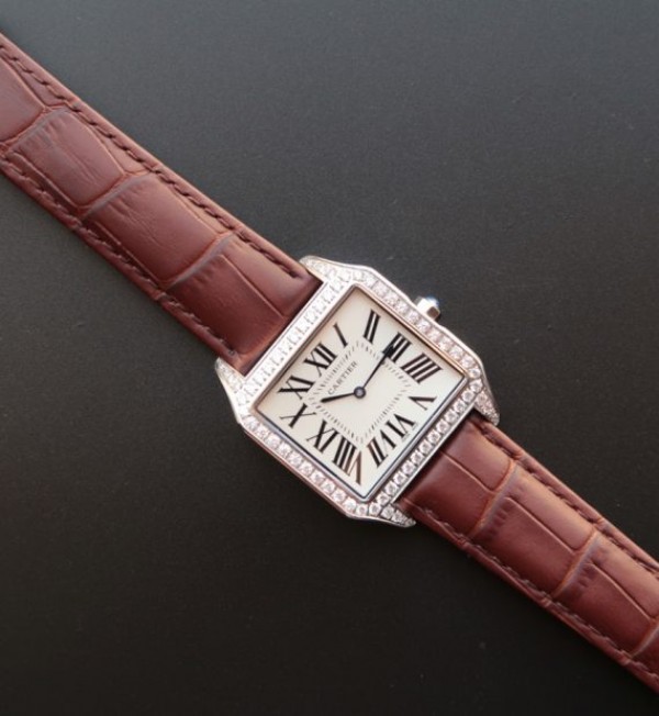 Replica Cartier Santos WH100651 Diamond SS White Dial Leather Strap A9015