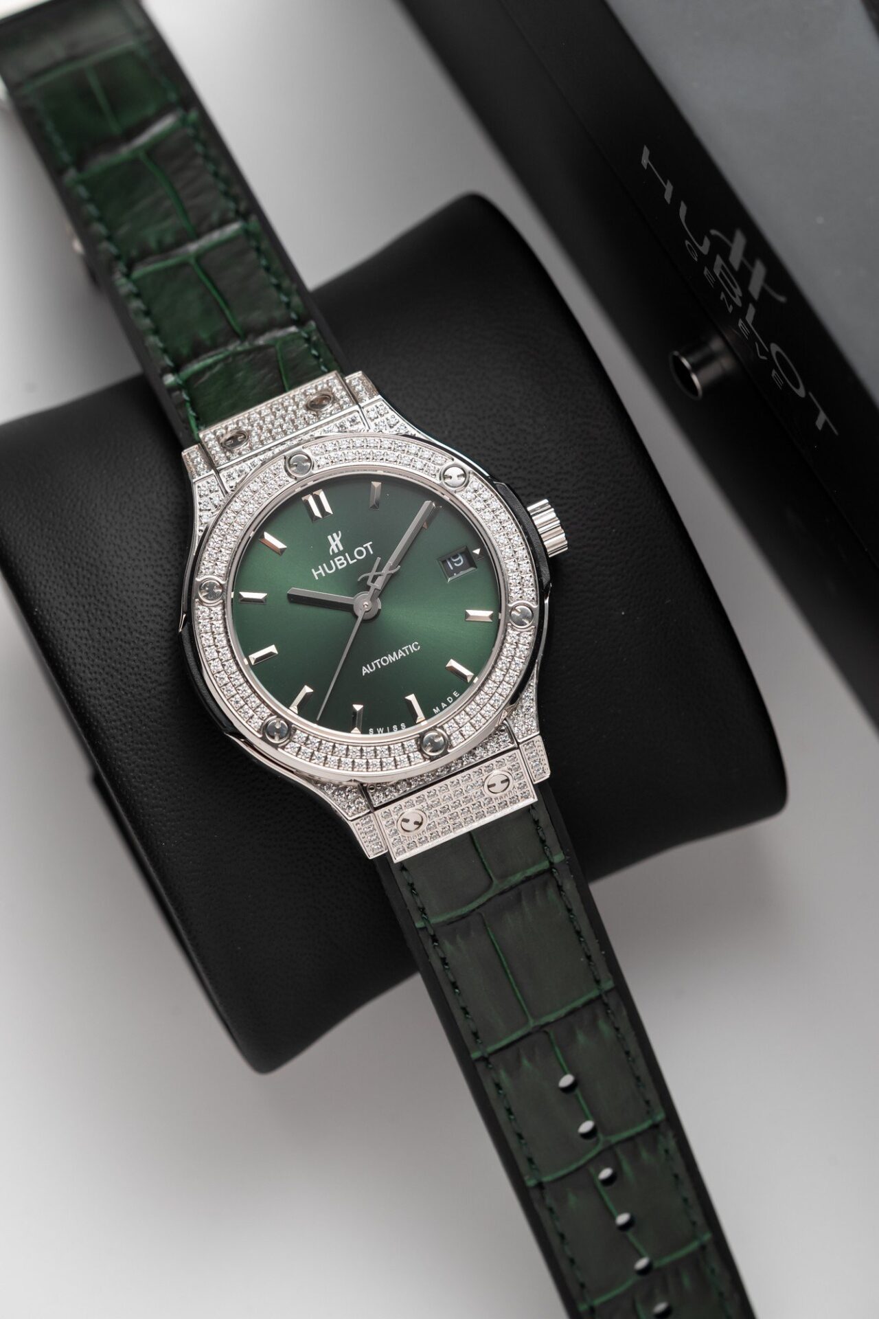 Hublot Classic Fusion Titanium Green Full Diamond Replica Watch 38mm