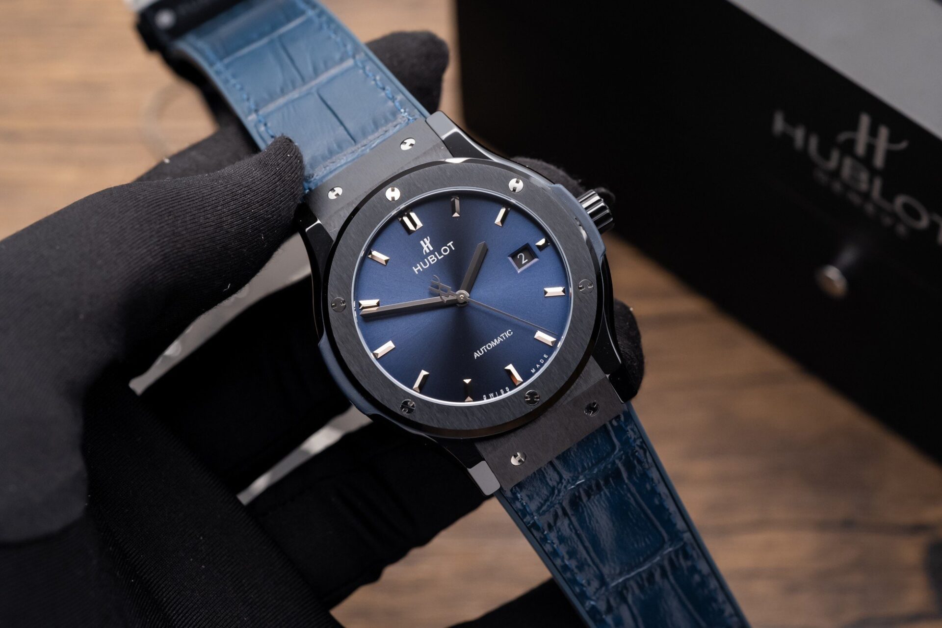 Hublot Classic Fusion Ceramic Blue Dial Replica Watch Leather Strap GS Factory 42mm