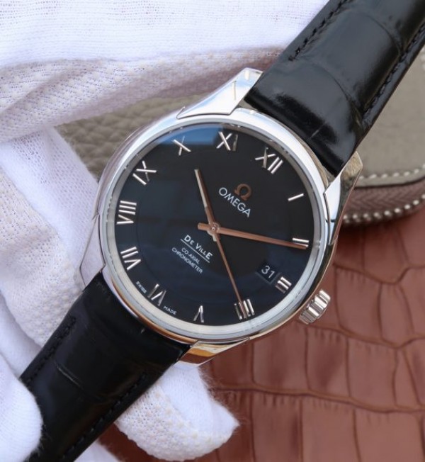 Replica Omega V6 De Ville 41mm SS Black Dial Black Leather Strap A8500