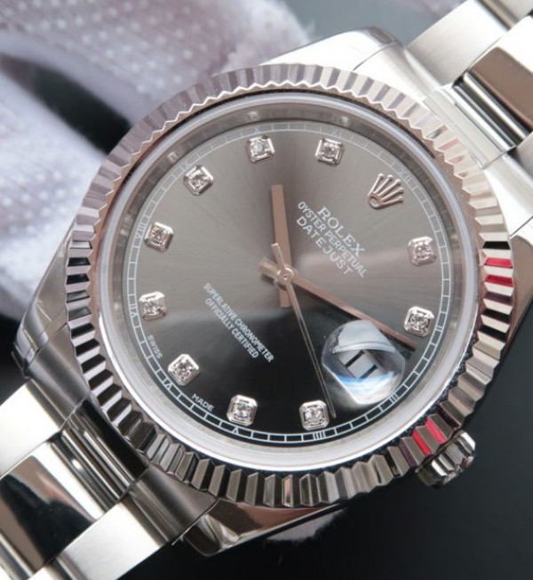 Replica Rolex DateJust II SS Fluted Bezel Gray Dial Diamonds Markers SS Bracelet A3136