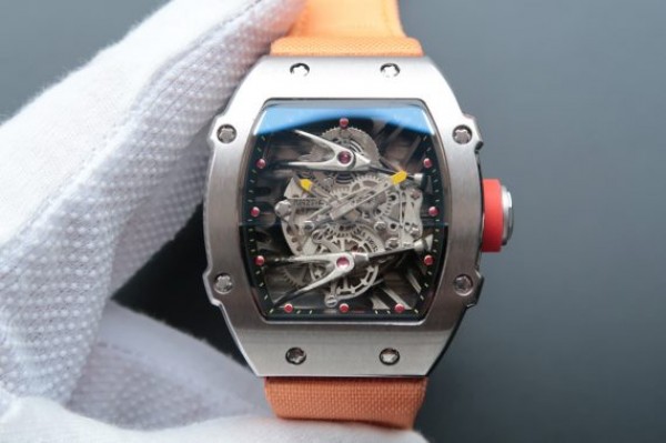 Replica Richard Mille RM027 SS Skeleton Dial Black Inner Bezel Orange Nylon Strap 6T51