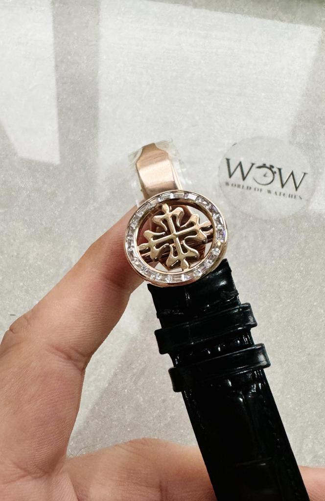 Replica PATEK PHILIPPE 6104P Moon RG Black Dial Diamond Bezel on Black Leather Strap A240 V2