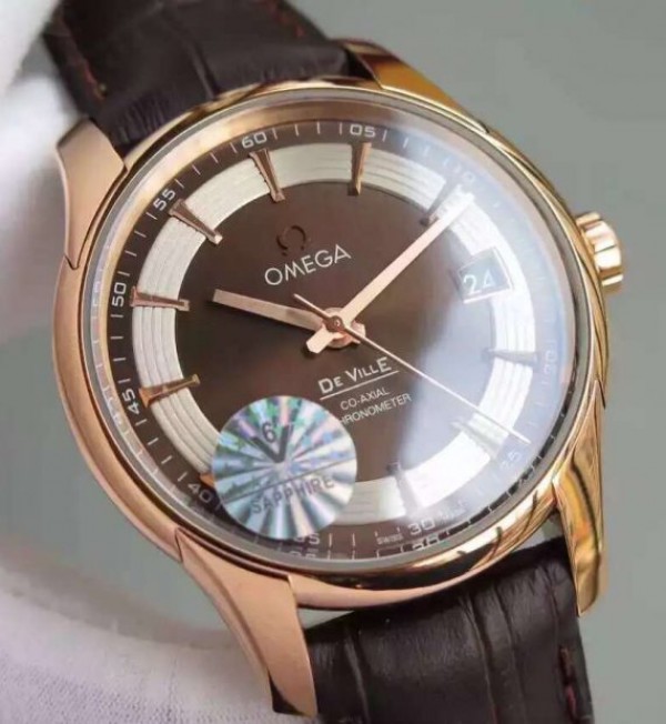 Replica Omega V6F De Ville Hour Vision Co-Axial 41mm RG Brown Dial Brown Leather Strap A8500
