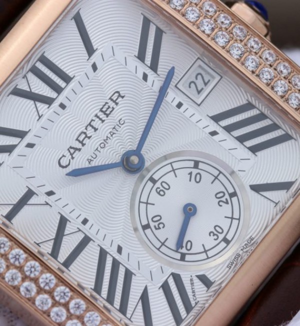 Replica Cartier Tank MC RG White Textured Dial Diamonds Bezel Leather Strap