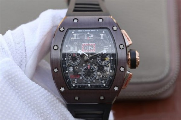 Replica Richard Mille RM011 Brown Ceramic RG Chrono Skeleton Dial Black Rubber Strap A7750