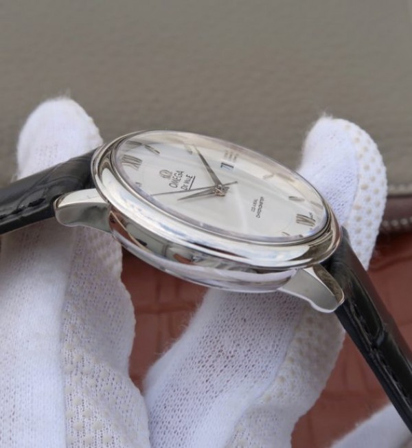 Replica Omega V6 De Ville 37mm SS White Dial Black Leather Strap A2892