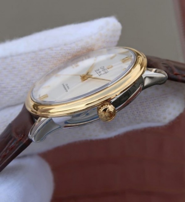 Replica Omega V6 De Ville 37mm YG Bezel White Dial YG Markers Leather Strap A2892