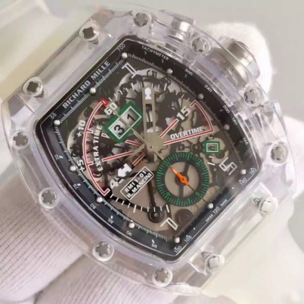 Replica Richard Mille RM011 Transparent Case Black/Green Bezel Skeleton Dial White Rubber Strap A7750