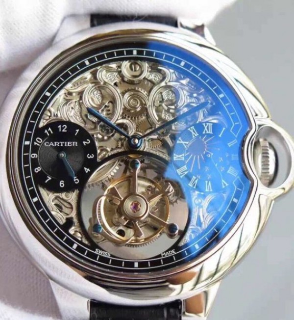 Replica Cartier Ballon Bleu Skeleton Tourbillon Black Dial Black Leather Strap