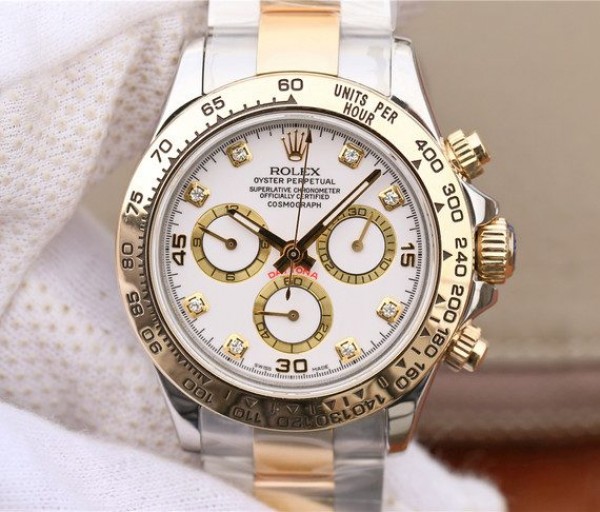 Replica Rolex Daytona 116523 Thick YG Wrapped White Dial Diamonds Markers Bracelet A7750