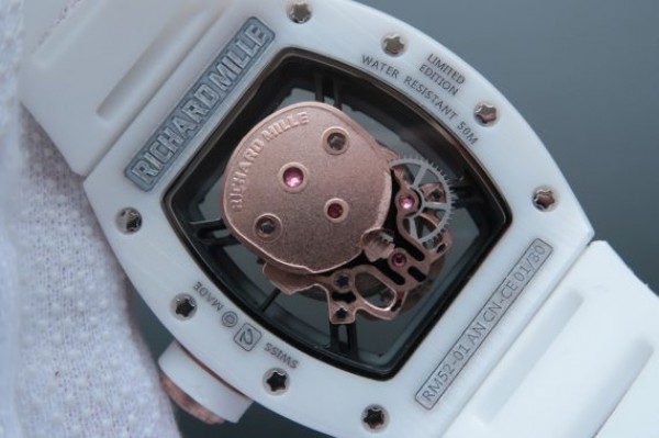Replica Richard Mille RM052 White Ceramic RG Diamonds Skull Dial White Rubber Strap MIYOTA8215