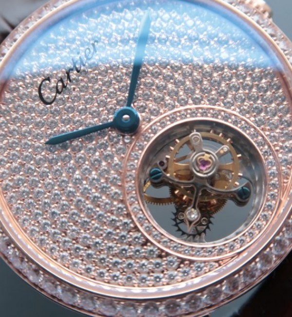Replica Cartier Tourbillon RG Diamonds Dial Bezel Leather Strap