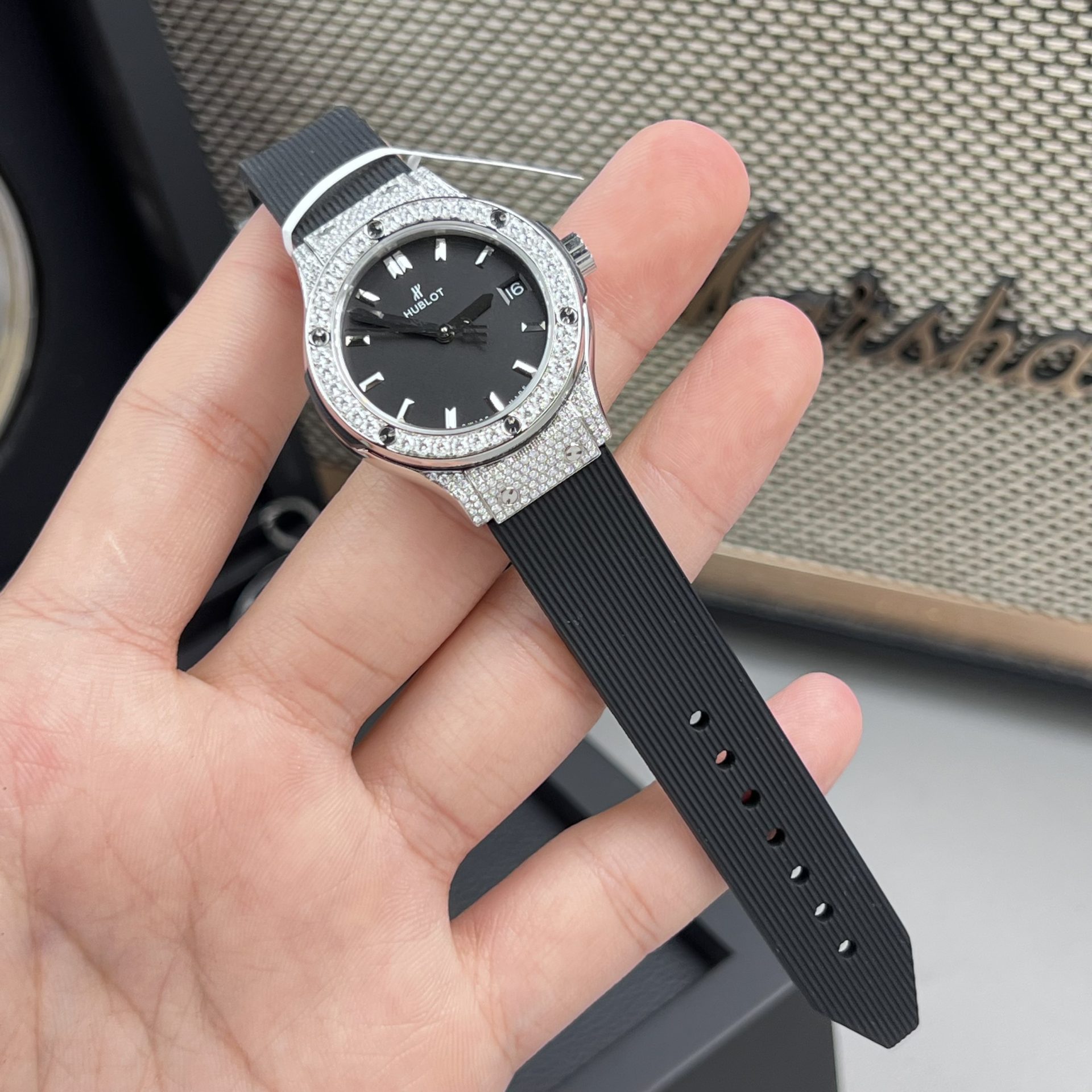Hublot Classic Fusion Replica Watch Black Dial Custom Moissanite Diamonds 33mm