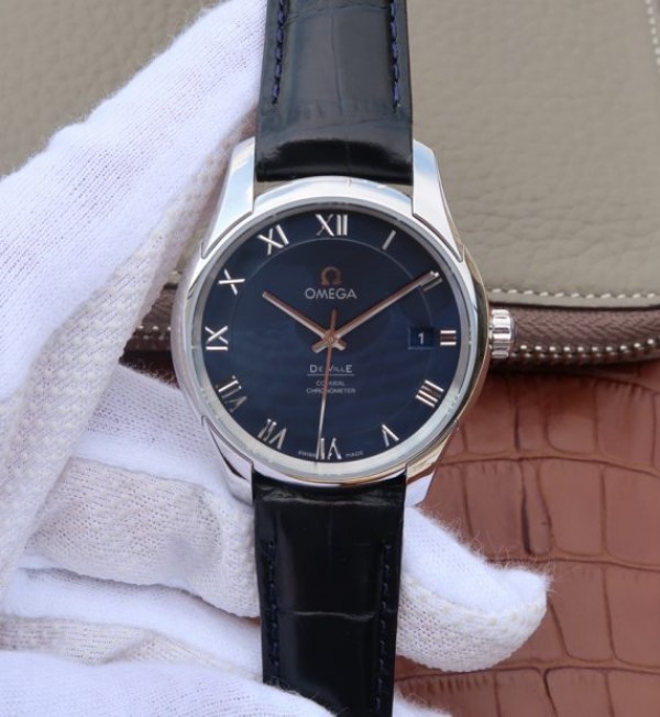 Replica Omega V6 De Ville 41mm SS Blue Dial Black Leather Strap A8500