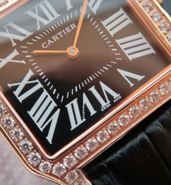 Replica Cartier Santos WH100751 Diamond RG Black Dial Leather Strap A9015