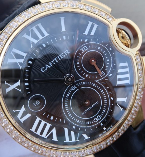 Replica Cartier Ballon Bleu De Cartier Chrono YG Black Dial Diamonds Bezel A8101