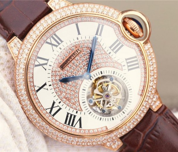 Replica Cartier Ballon Bleu de Cartier Tourbillon RG Paved Diamonds Leather Strap