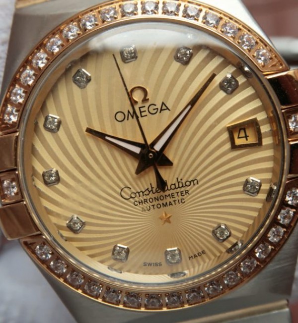 Replica Omega V6 Constellation 35mm Diamonds Bezel YG Textured Dial SS Bracelet A2500