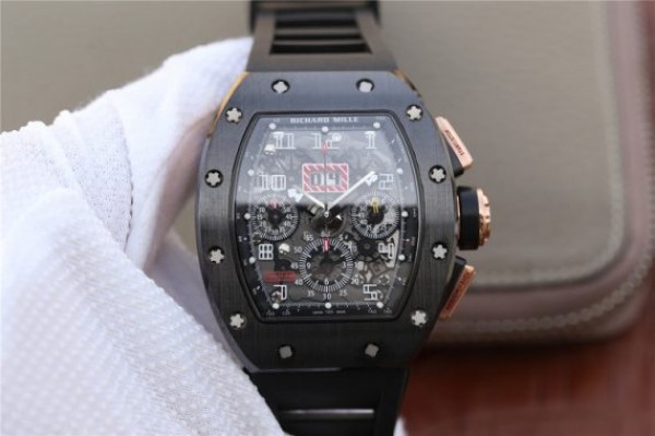 Replica Richard Mille RM011 RG Black Ceramic Chrono Skeleton Dial Black Rubber Strap A7750