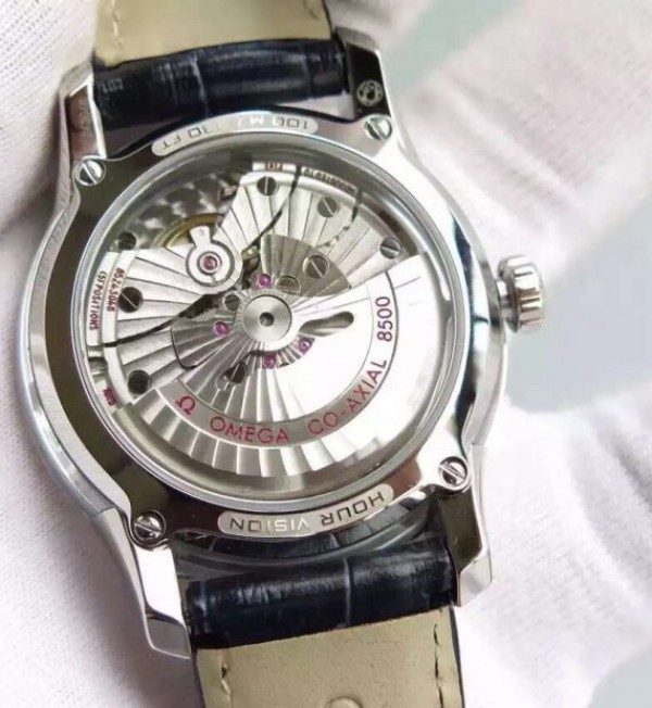 Replica Omega V6F De Ville Hour Vision Co-Axial 41mm SS Black Dial Black Leather Strap A8500