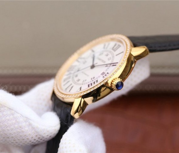 Replica Cartier Ronde De Cartier YG White Dial Diamonds Bezel Croco Strap A2892